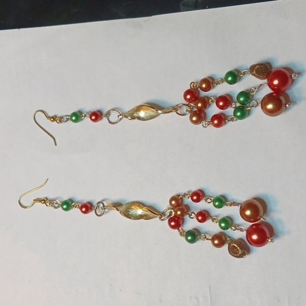 Artist handmade long dangly beads gold green copper pierced earrings 5"